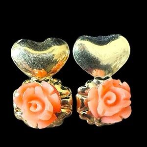 Vintage Angel Skin Coral Carved Rose & Heart Sterling Pierced Earring Studs